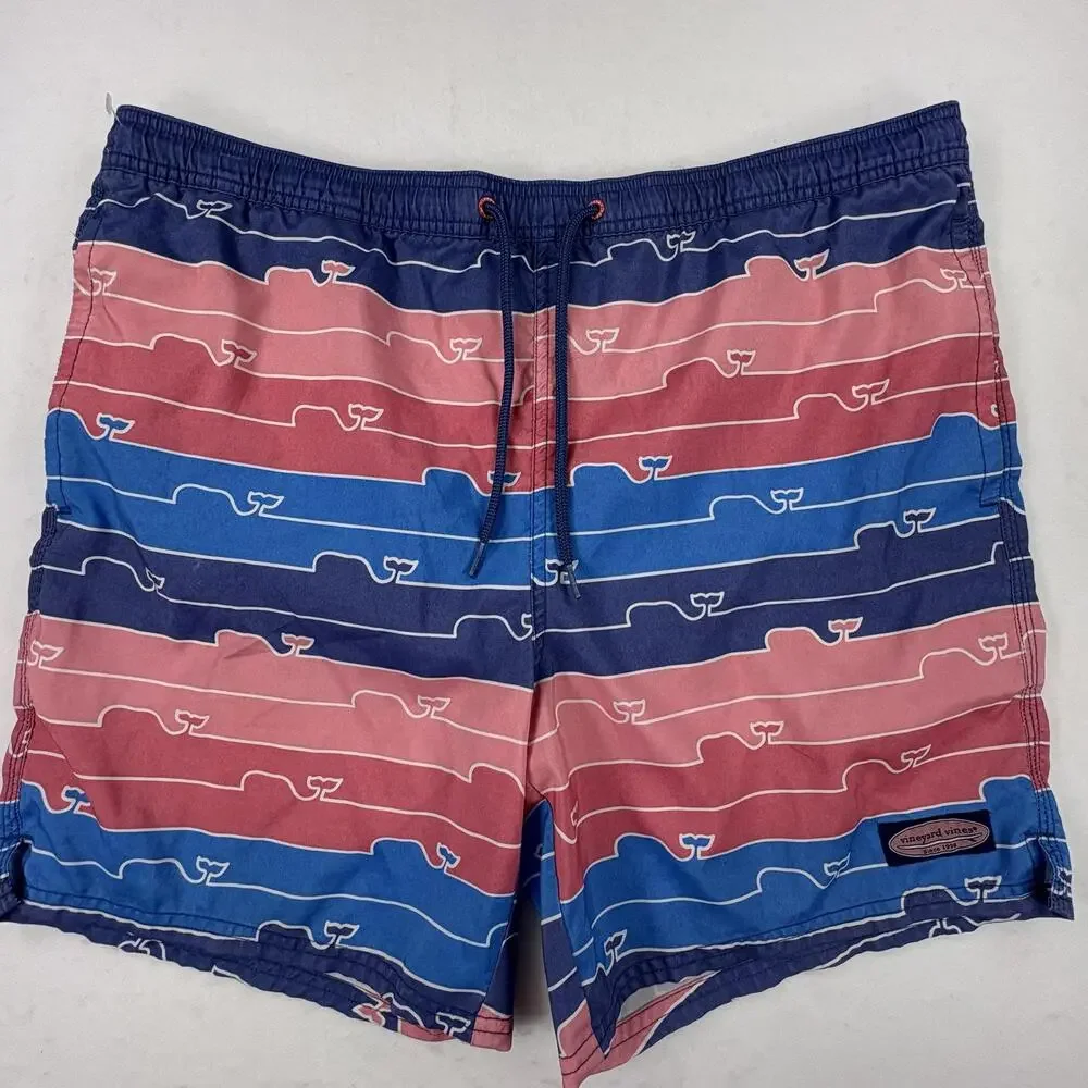 Vineyard Vines Swim Shorts Mens Large Multicolor Whale Stripe Lined Trunks Beach